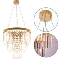 CANDEEIRO DE TECTO OLFUS 5XE14 COM CRISTAIS TRANSPARENTES E CHAPA DOURADA