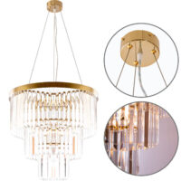 CANDEEIRO DE TECTO OLFUS 6XE14 COM CRISTAIS TRANSPARENTES E CHAPA DOURADA